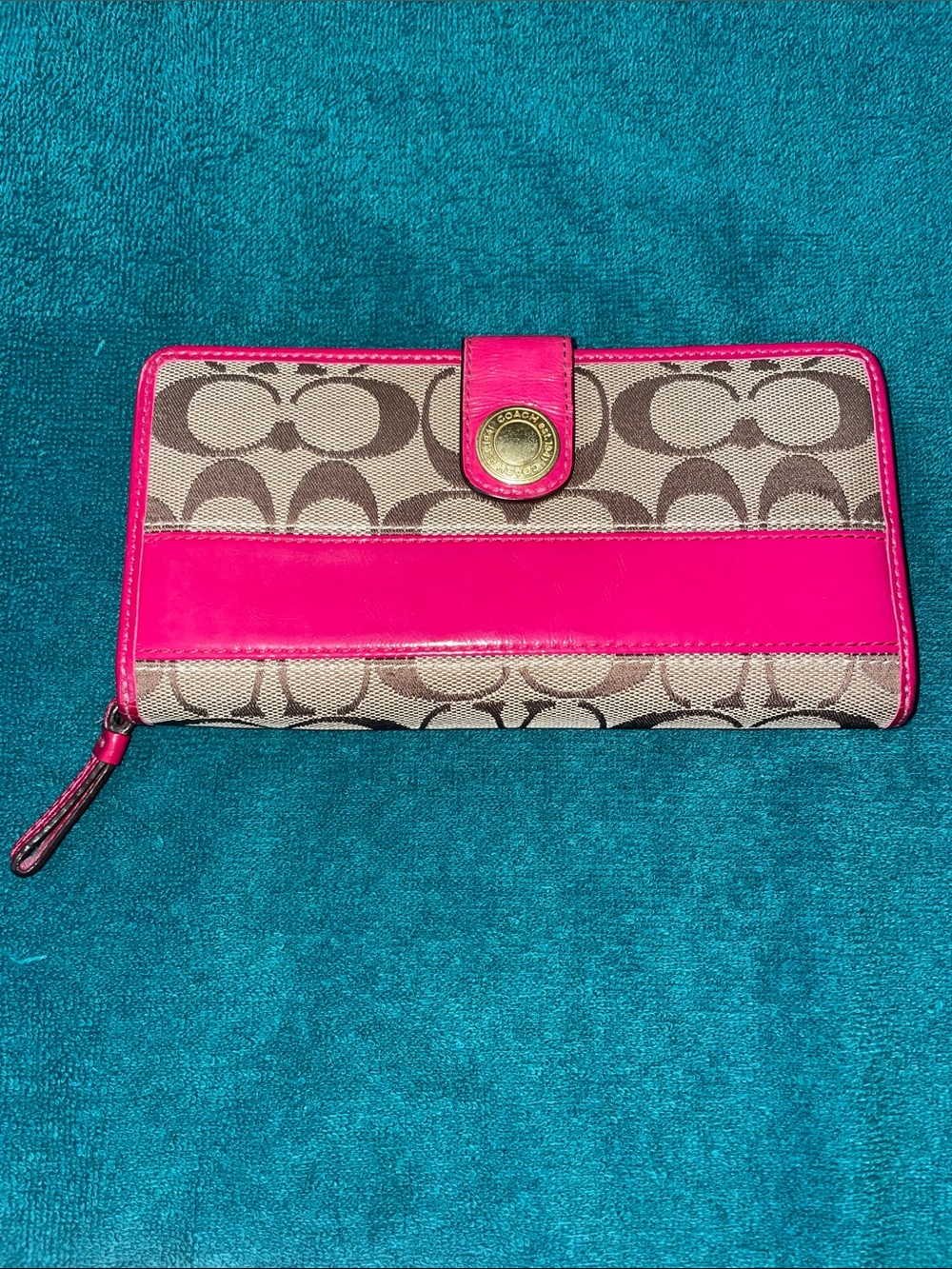 Coach Beige Signature Canvas Wallet with Hot Pink Leather Trim